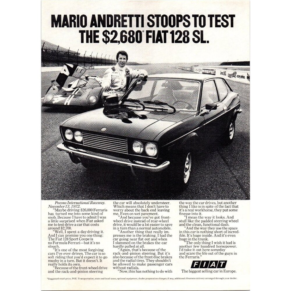 1973 Fiat 128 SL Coupe Vintage Print Ad Mario Andretti Pocono Raceway Wall Art